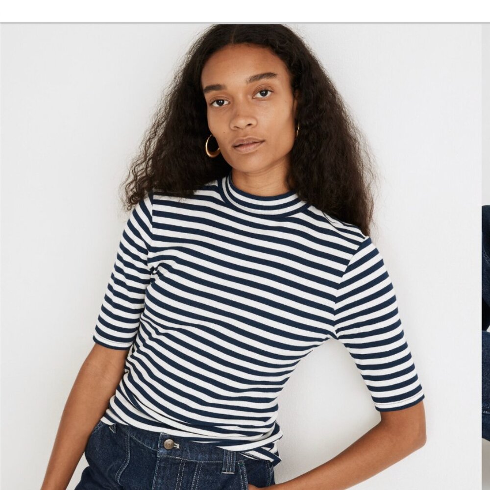 Madewell Drapey-Rib Mockneck Top in Stripe - Navy & White - XXS